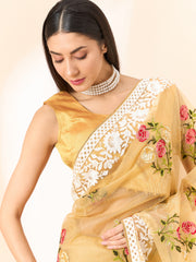 Latest Gold Yellow shaded organza saree with detailed embroidery and floral inspired design saree for all occasion