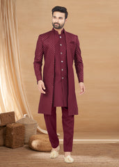 Exclusive Contrasting maroon Thread and Detailed Embroidery Work Indo Western, Sherwani | Indian Traditional Mens Wear