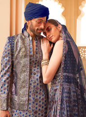Exclusively for couple combo Blue  designer outfit in pure pv silk and foil print with detailed hand mirror work