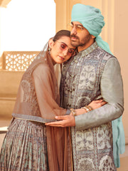 Exclusive latest designer Gown in pure pv silk and foil print with net duppatta detailed embroidery, hand and mirror work