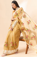 Latest Gold Yellow shaded organza saree with detailed embroidery and floral inspired design saree for all occasion