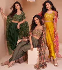 Exclusive handwork on viscose nylon dhoti style Gary dress with floral shrug| unique dress indian wear