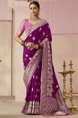 Purple Dola Viscose Silk Saree Intricate Flower Pattern Weaving On All Over Saree