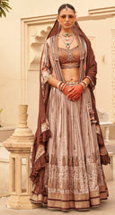 Exclusively for couple combo Light brown designer outfit in pure pv silk and foil print with detailed hand mirrorwork
