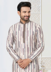Contrasting indian aspiring Printed khakhi on jacquard silk Mens kurta for wedding and other occasion comes with pajama