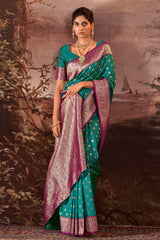 Contrasting dark shaded Rama Banarasi soft silk saree with detailed banarasi inspired work