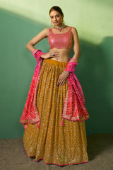 Designer Bandhani Print contrasting yellow pink georgette with sequence and embroidery lehenga | bollywood lehenga