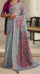 Exquisite Contrasting Light Blue Floral Organza saree with beautiful print, piping work or tassels on pallu | party wear saree | Festive saree