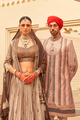 Exclusively for couple combo Light brown designer outfit in pure pv silk and foil print with detailed hand mirrorwork