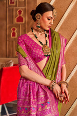 Mehendi Green Mercerized Sigma Silk ︎With Classical Patola Design And SambalPuri Print With Aqua Finish