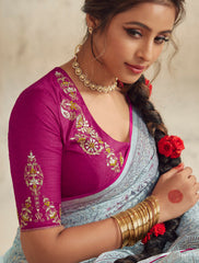 Exquisite Contrasting Light Blue Floral Organza saree with beautiful print, piping work or tassels on pallu | party wear saree | Festive saree