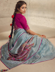 Exquisite Contrasting Light Blue Floral Organza saree with beautiful print, piping work or tassels on pallu | party wear saree | Festive saree