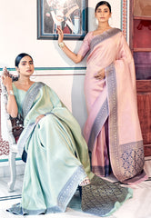 Pure Kanjivaram pastel pink light shaded weaving silk handloom saree with contrasting dark border