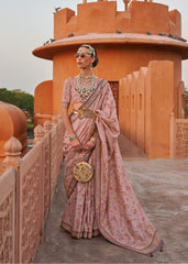 Weaved  light pink shaded Ajrak Inspired silk saree with gold finish | Silk saree