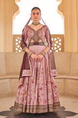 Exclusive latest Light pink designer Gown in pure pv silk and foil print with net dupatta detailed embroidery, hand and mirror work