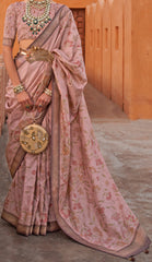 Weaved  light pink shaded Ajrak Inspired silk saree with gold finish | Silk saree