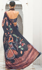 Black Floral Inspired Digital Printed Kalamkari Saree On pure silk crape