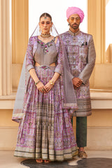 Exclusively for couple combo designer outfit in pure PV silk and foil print with detailed hand mirror work