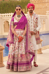 Exclusively for couple combo designer outfit in pure pv silk and foil print with detailed hand mirror work