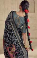 Exquisite Contrasting Black Floral Organza saree with beautiful print, piping work or tassels on pallu | party wear saree | Festive saree