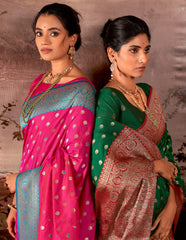 Contrasting dark shaded Green Banarasi soft silk saree with detailed banarasi inspired work