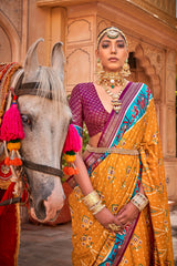 Contrasting Multi colour Patola Saree on silk With Elegant Gold Print | Contrasting saree | Patola Print Saree | Designer Saree