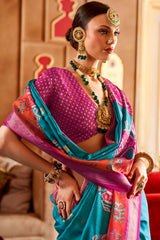 Light Blue Green Mercerized Sigma Silk ︎With Classical Patola Design And SambalPuri Print With Aqua Finish