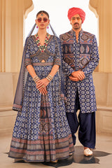 Exclusively for couple combo blue designer outfit in pure PV silk and foil print with detailed hand mirror work