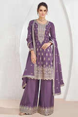 Premium Chinon silk designer Purple shaded dress with detailed embroidery and work