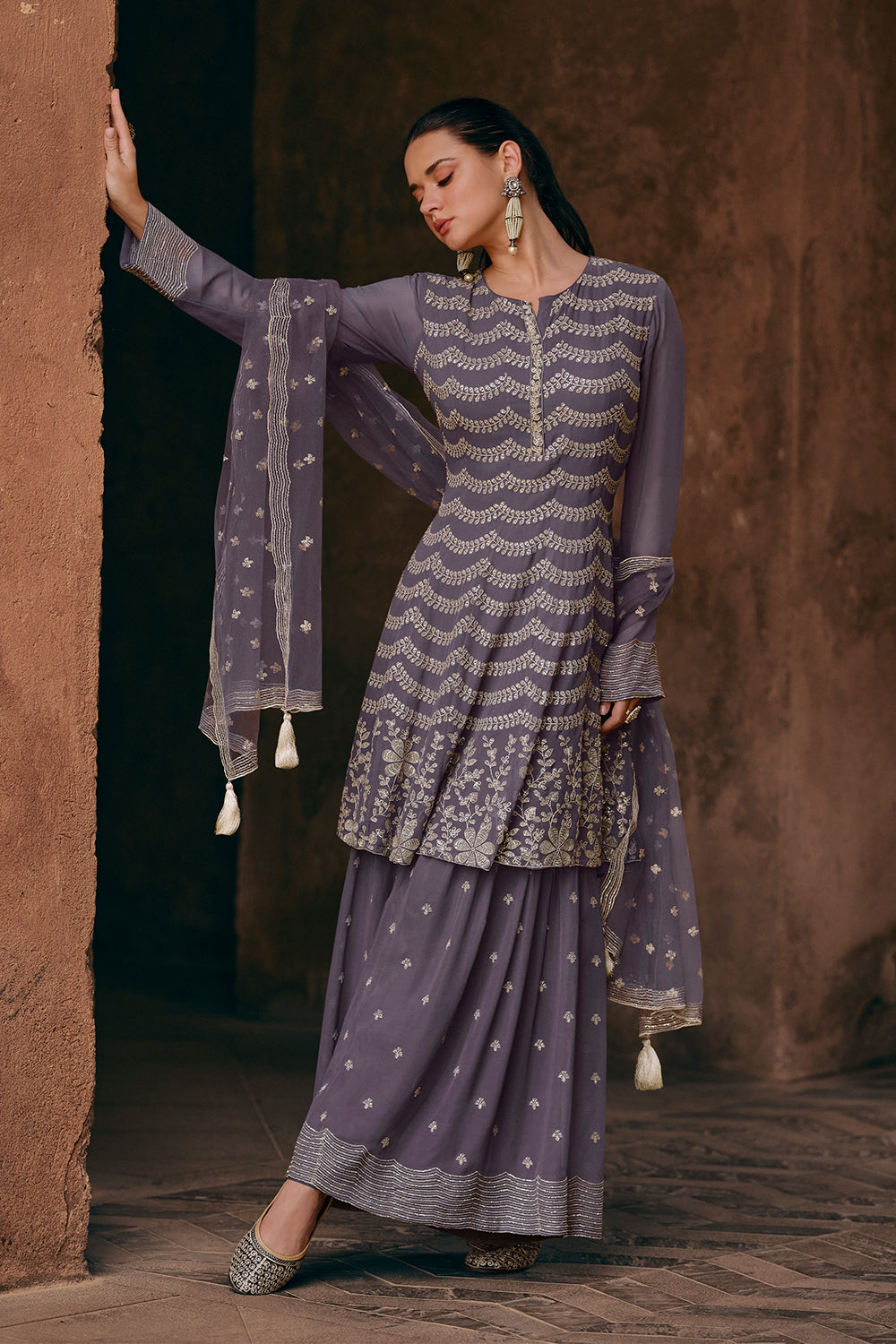 Unique Designer Pure Chinon Dress with detailed embroidery Sharara