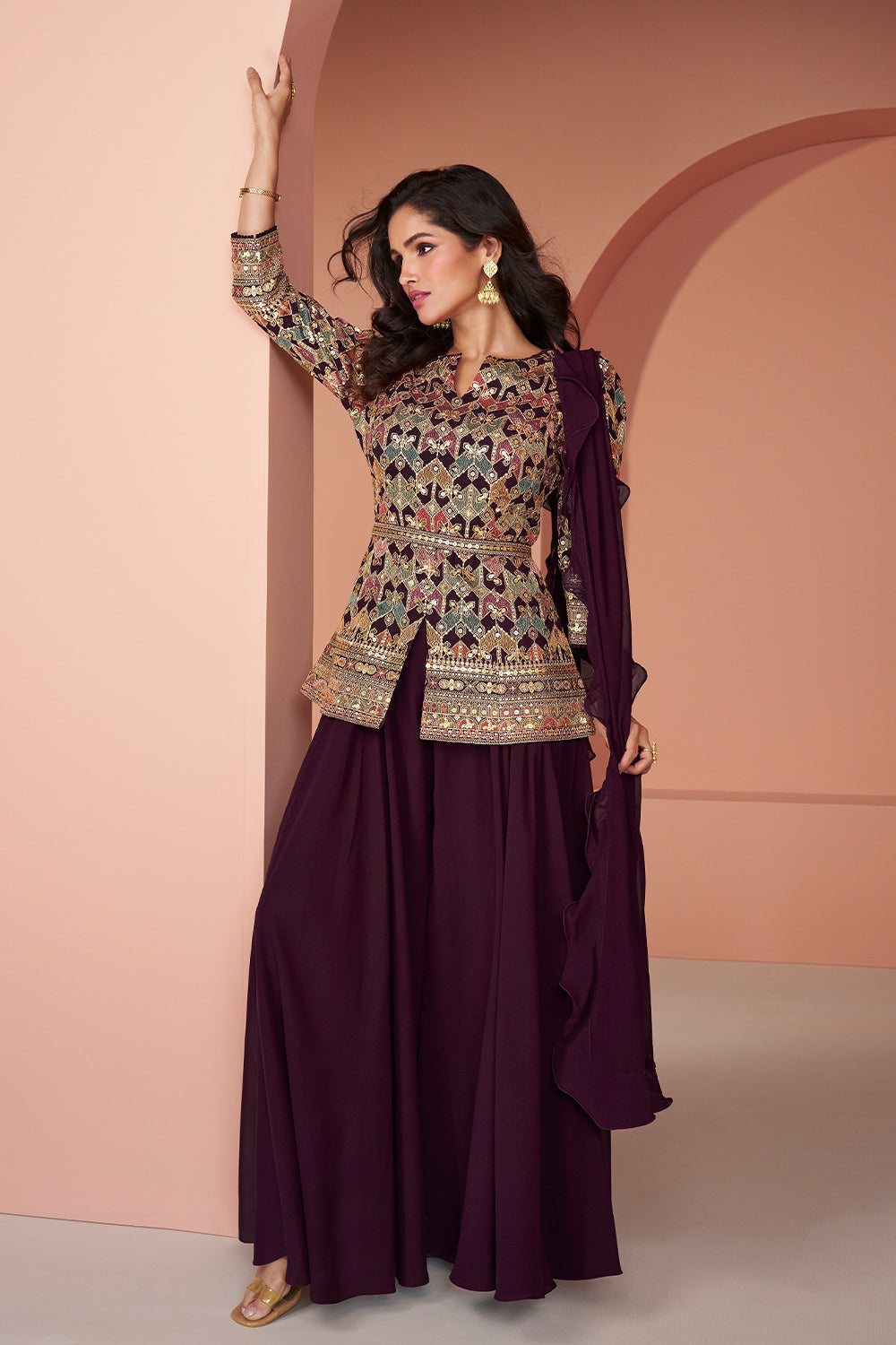 Exclusive dark shaded Wine Pure Georgette dress with detailed embroidery and thread work