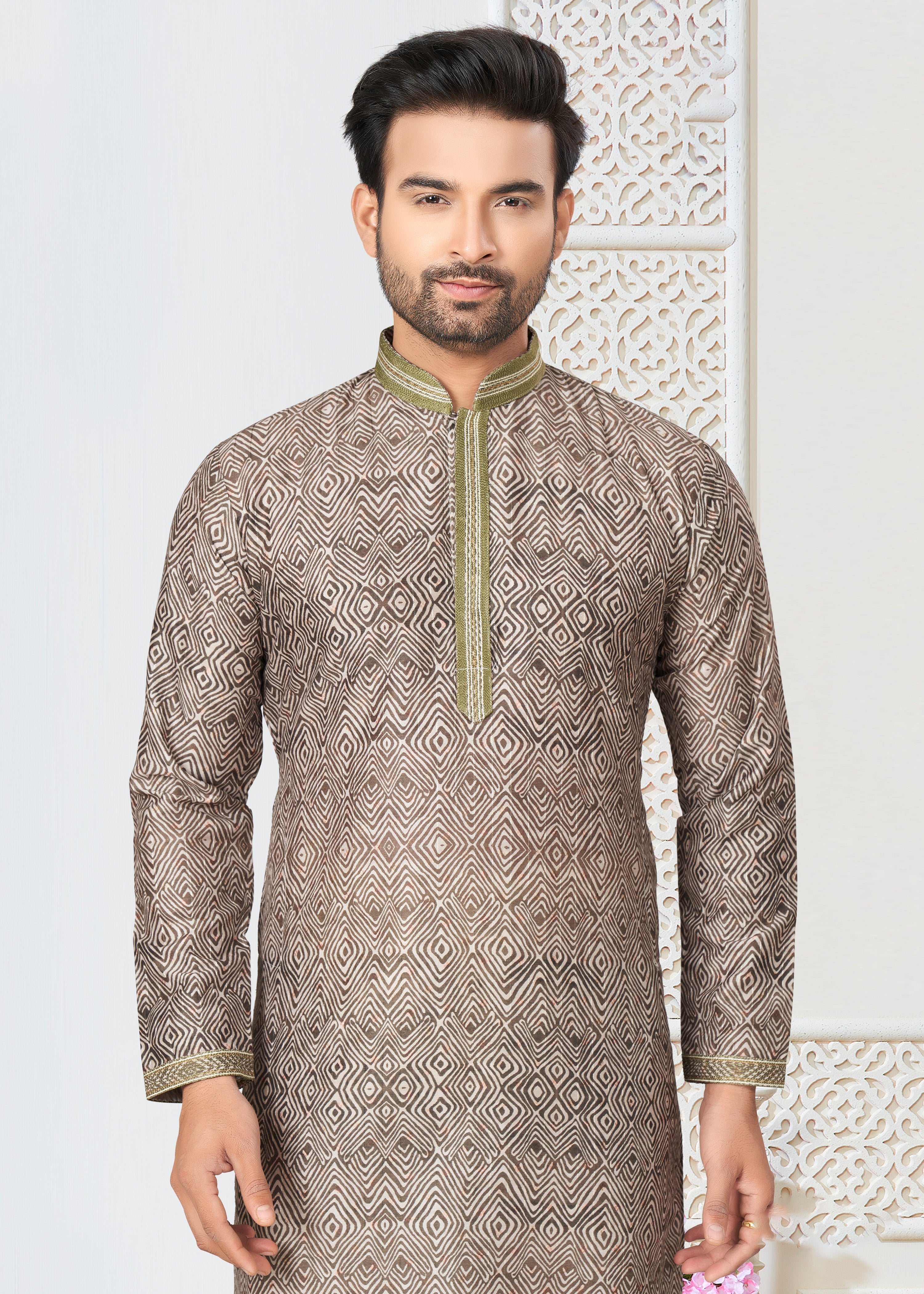 Contrasting indian aspiring Printed khakhi on  jacquard silk Mens kurta for wedding and other occasion comes with pajama