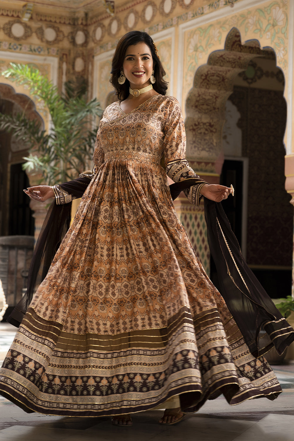 Hand work pure soft dola silk designer Gown Dress with digital print and printed duptta