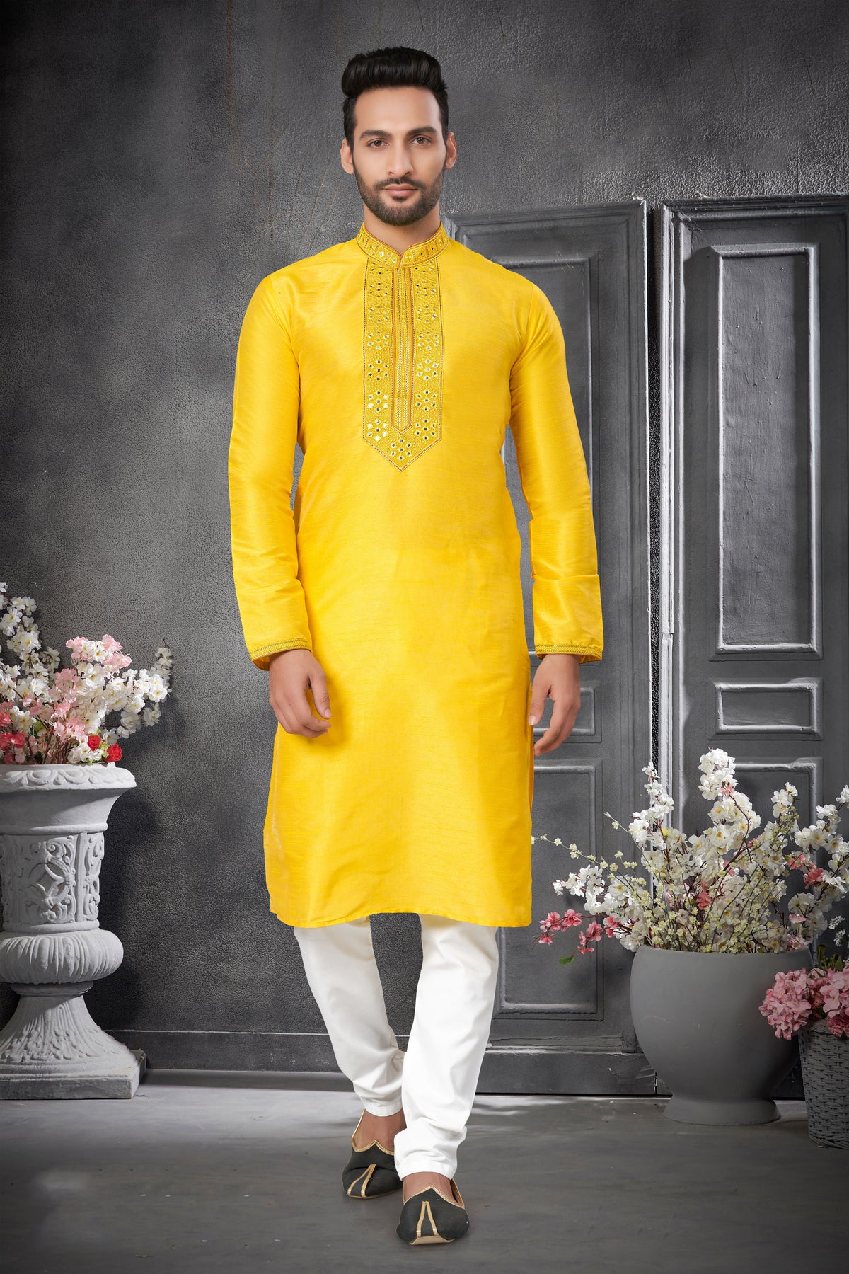 Yellow Traditional Designer Silk Kurta with Mirror Work for all occasion | kurta pajama