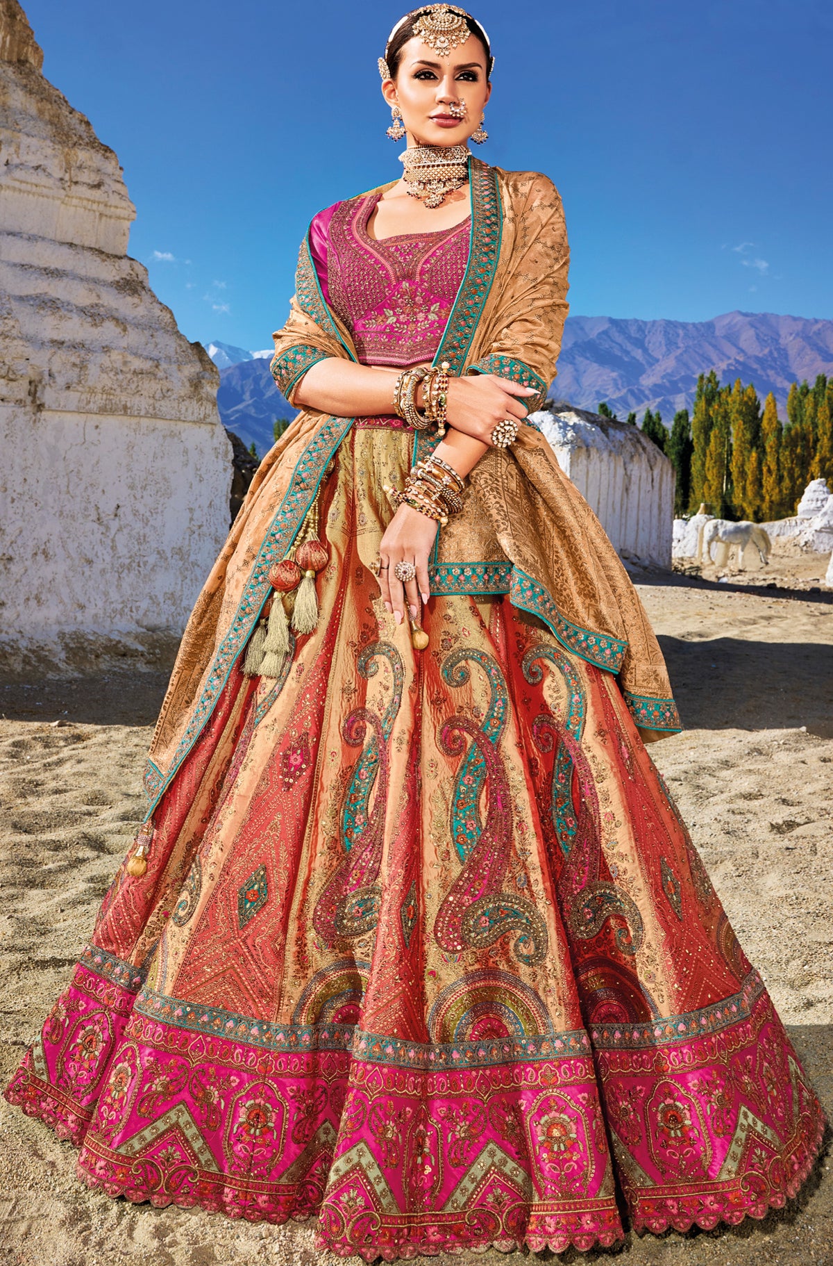 Pure gazzi satin banarasi lehenga with detailed indian aspired print handwork