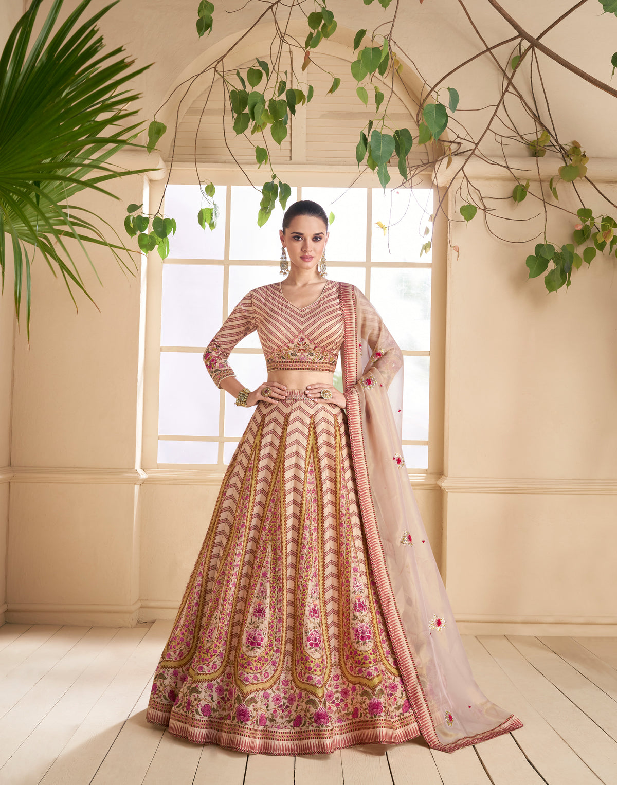 Cream contrasting leheriya inspired lehenga choli on silk fabric  | Bollywood Lehenga | kayaattire lehenga