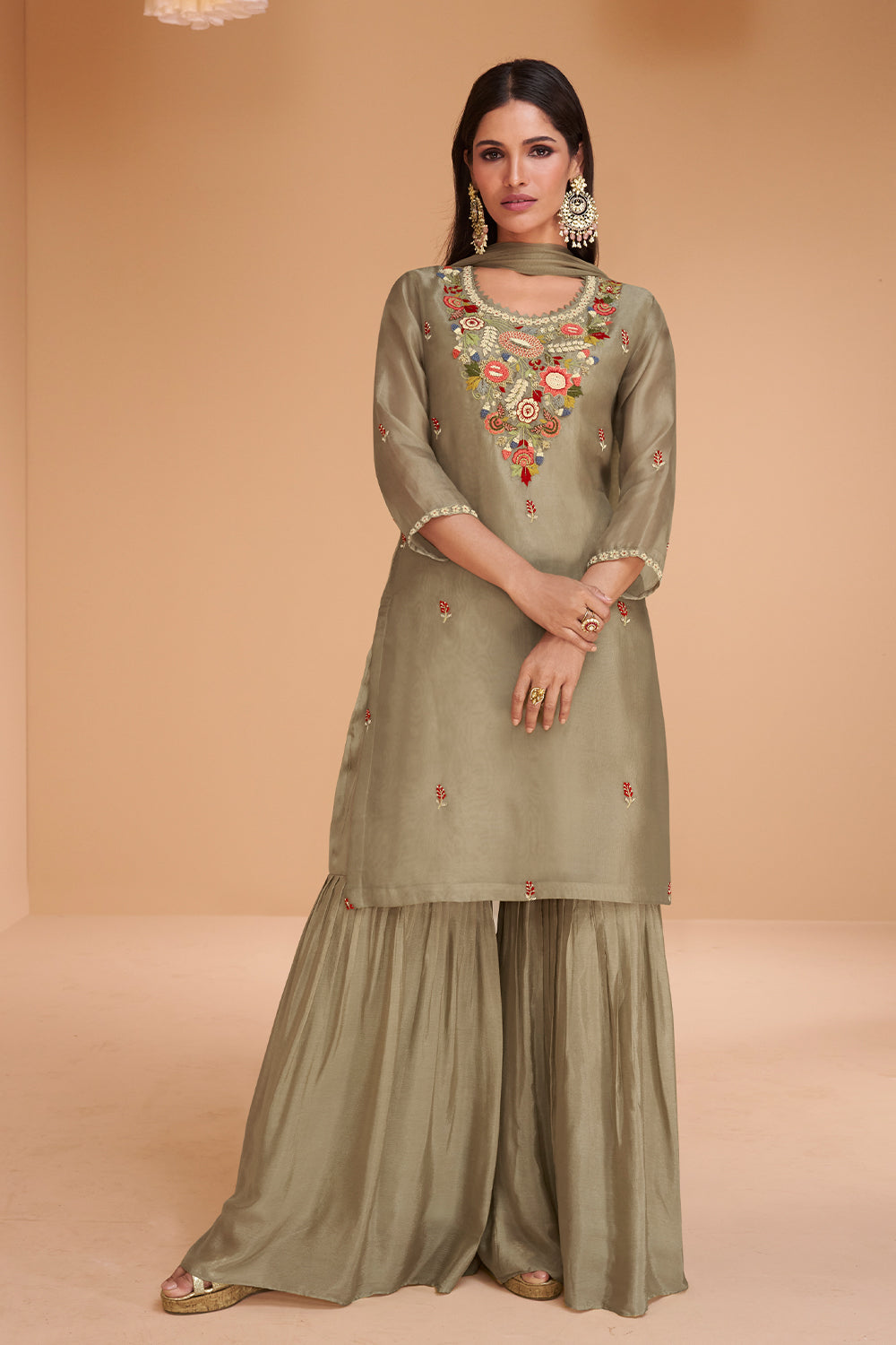 Pastel colour Pure organza silk dress with net duppata and minimul work