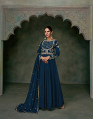 Designer Blue Embroidered Anarkali Dress with detailed thread work and lace | designer dress | anarkali dress