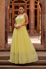 Designer Yellow shaded pure georgette dress with detailed Mirror embroidery dress gown