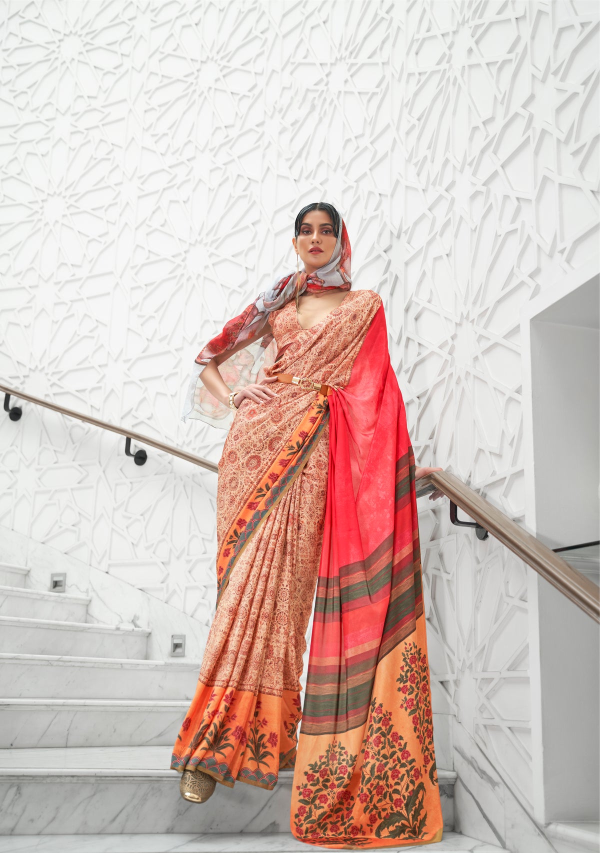 Orange Floral Inspired Digital Printed Kalamkari Saree On pure silk crape