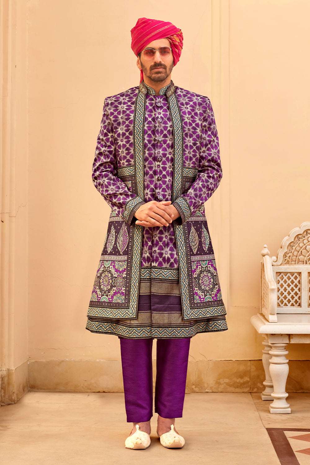 Exclusive latest Purple designer mens indowestern sherwani kurta in pure pv silk and foil print with handwork