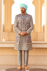 Exclusive latest Gray designer mens indowestern sherwani kurta in pure pv silk and foil print  with handwork