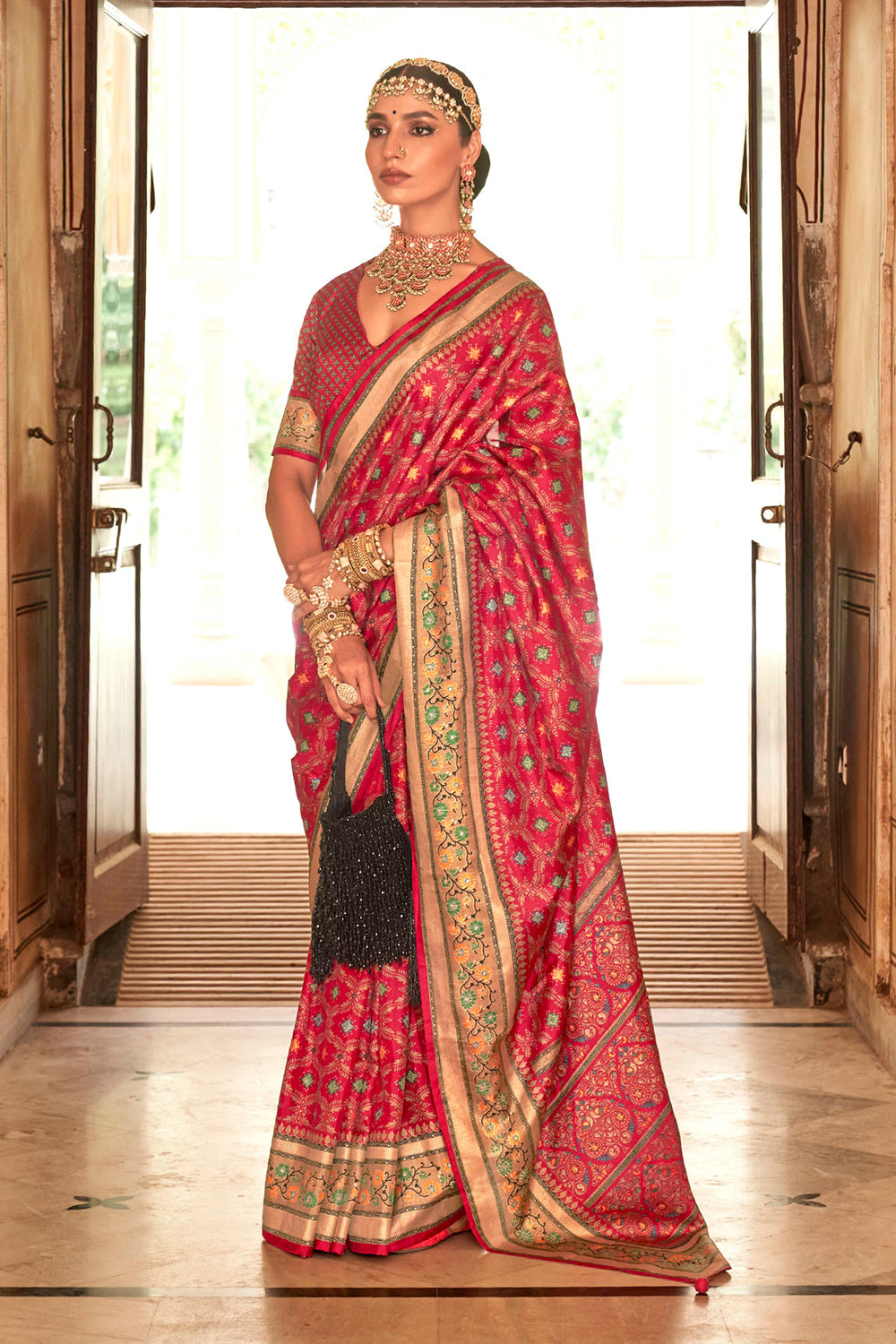 Exclusive Banarasi printed silk saree with elegant gold printed work