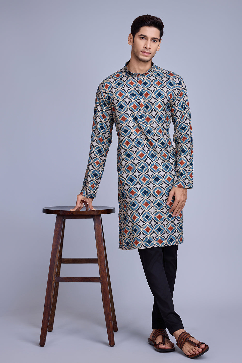 Blue Contrasting indian aspiring Printed rayon Mens kurta for wedding and other occasion comes with pajama