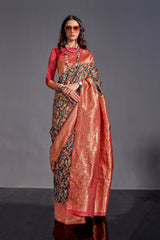 Handwoven Contrasting exclusive designer saree with contrasting pallu chaap kaam border saree