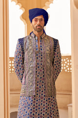 Exclusive latest Royal Blue designer mens indowestern sherwani kurta in pure pv silk and foil inspired with handwork