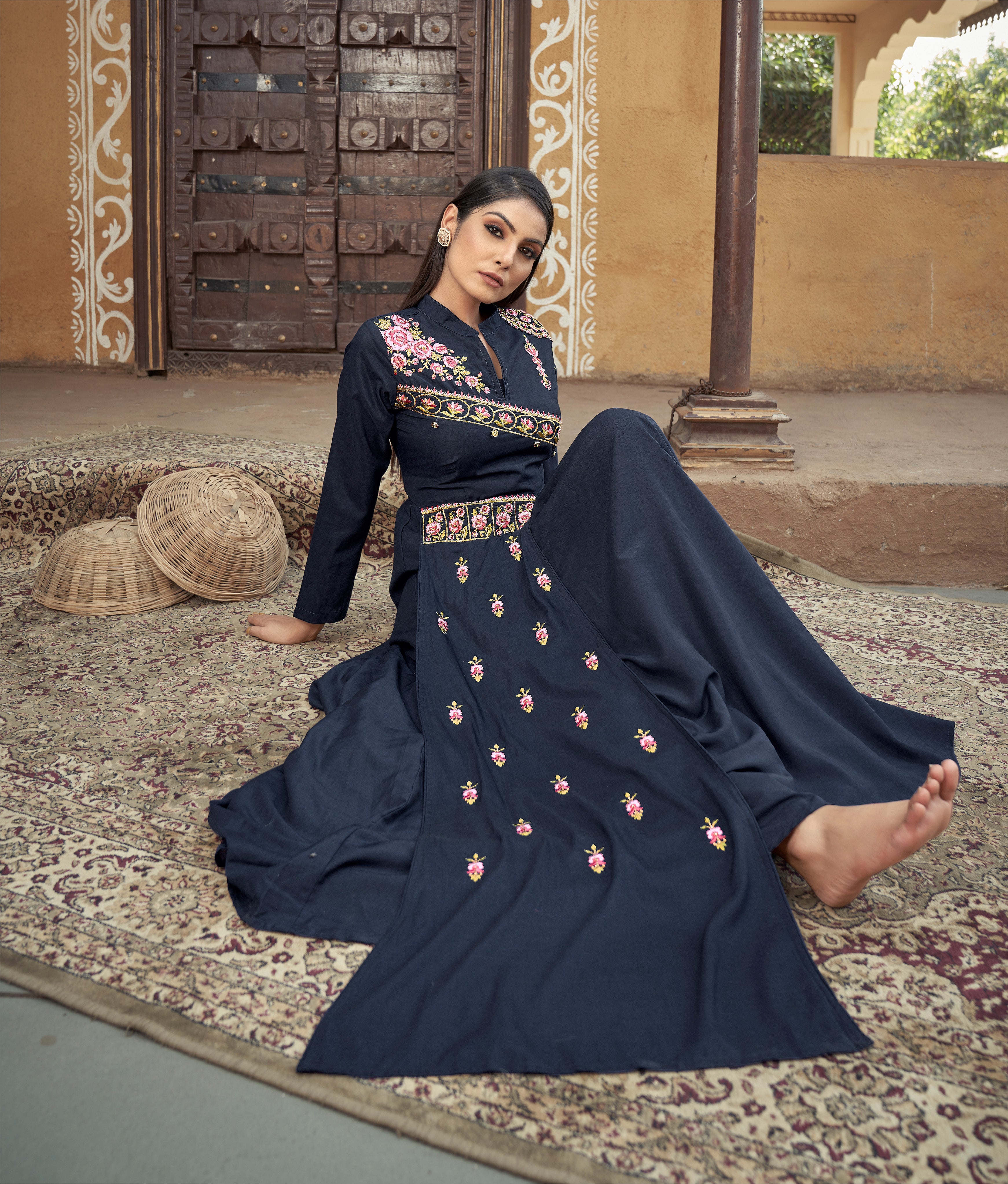 Navy Blue  Designer Gown on heavy maslin and embroidery