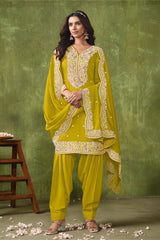 Designer Neon Yellow pure silk Patiala Suits with deatiled embroidery work