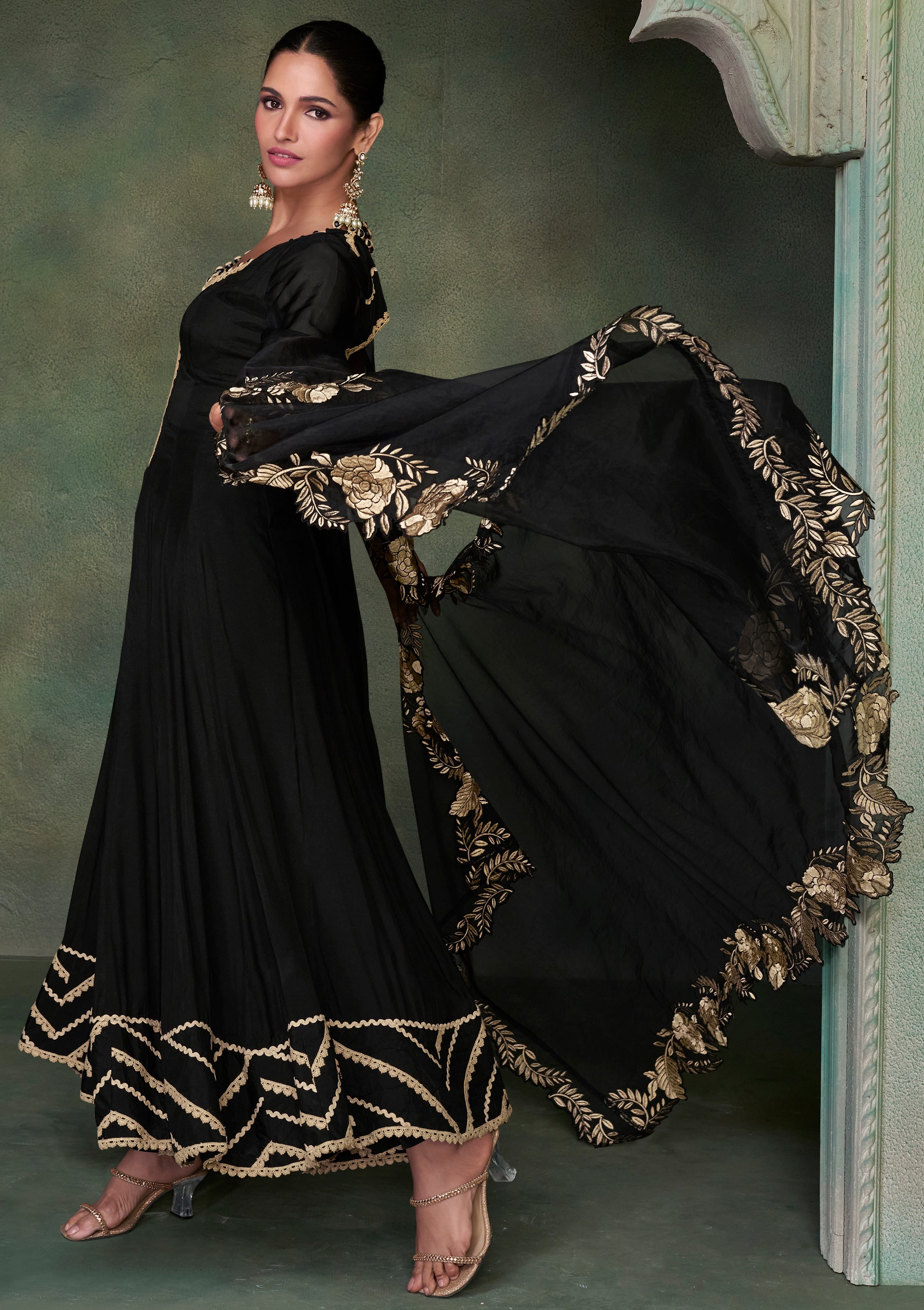 Pure silk Black beige designer dress with thread and embroidery work