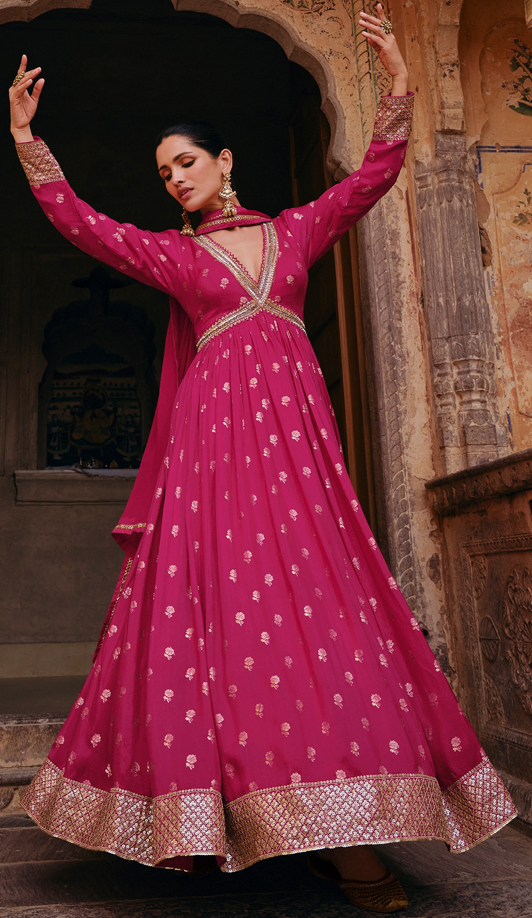 Designer Rani Pink Pure Viscose jaquard silk dress with detailed front and back embroidery